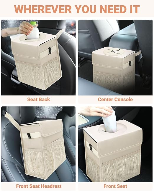 Capolo Car Trash Can with Lid, Leakproof Car Trash Bag Hanging Waterproof Automotive Garbage Can with Storage Pockets Mini Vehicle Trash Bin for Back/Front Seat(Beige,4 Gallon)