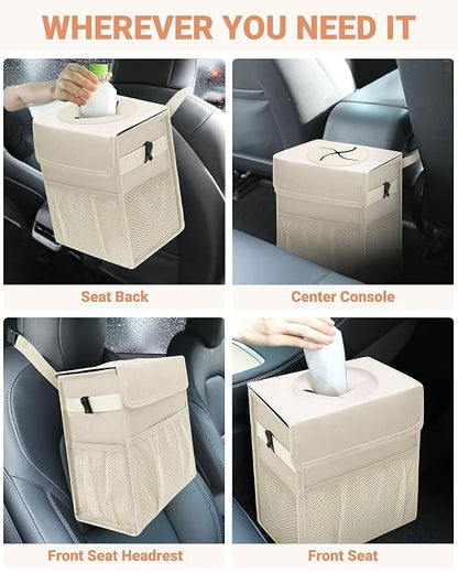 Capolo Car Trash Can with Lid, Leakproof Car Trash Bag Hanging Waterproof Automotive Garbage Can with Storage Pockets Mini Vehicle Trash Bin for Back/Front Seat(Beige,4 Gallon)