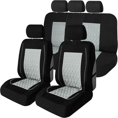 Universal Fit Diamond Stitched Flat Cloth Car Seat Covers Full Set - Gray