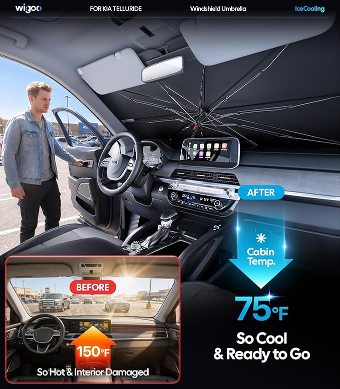 Wigoo Windshield Sun Shade Umbrella for Kia Telluride 2020-2026 [100% Sun Blockage, Ice Cooling Fabric] Foldable Heat Insulation Front Window Sunshade Umbrella for Kia Telluride 2020-2026