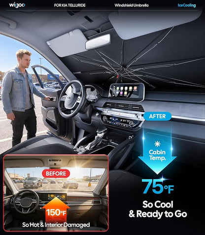 Wigoo Windshield Sun Shade Umbrella for Kia Telluride 2020-2026 [100% Sun Blockage, Ice Cooling Fabric] Foldable Heat Insulation Front Window Sunshade Umbrella for Kia Telluride 2020-2026