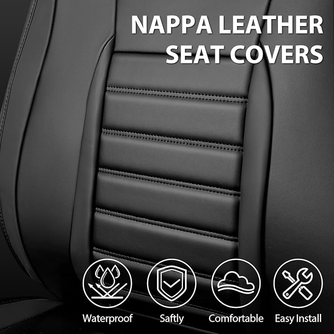 CAR PASS Nappa Leather Car Seat Covers Front Seats, Luxury Seat Protector for Cars, Waterproof Anti-Slip Seat Cushion Airbag Compatible Universal for Sedan SUV Pick-up Truck Automotive Vehicle, Black