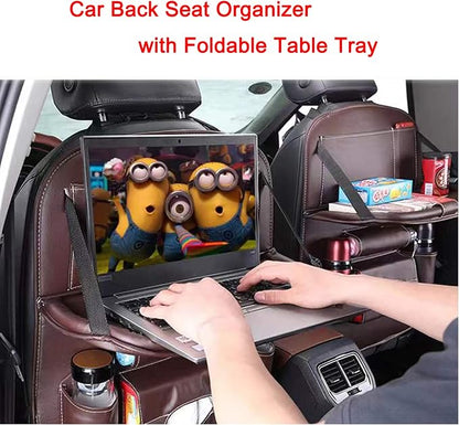 Premium PU Leather Backseat Seat Organizer with Foldable Table, Multi-Storage Pockets and Adjustable Buckle Strap for Automobiles