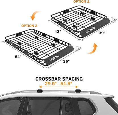 Wildroad Car Roof Cargo Carrier Combo of Upgraded 64"x 39"x 4" Roof Rack Cargo Basket, Super Duty Bungee Cargo Net. Universal Car Top Luggage Holder Carrier Basket Fits for SUV Truck Cars