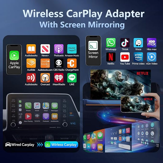 Wireless CarPlay Adapter with Screen Mirroring for Any Apps (YouTube/N-etflix/TikTok) from Phone to in-Vehicle Infotainment Display Screen,Convert Factory Wired CarPlay to Wireless