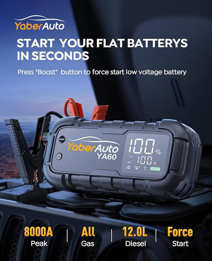 YaberAuto Jump Starter 8000A 65W Fast Charging (All Gas/12.0L Diesel) Portable Car Battery Jump Starter Pack, Jump Box Car Battery Jumper Starter Portable Jumper Cables, 150W DC, 600LM Lights