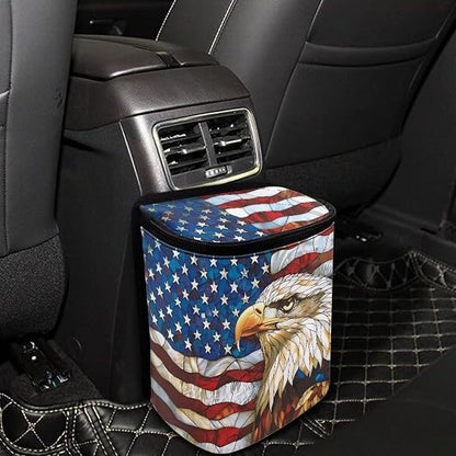 Talayituse Eagle American Flag Print Car Trash Can Portable Auto Garbage Bin Multifunctional Vehicle Interior Accessories with Adjustable Straps Universal Fit Truck SUV Sedan
