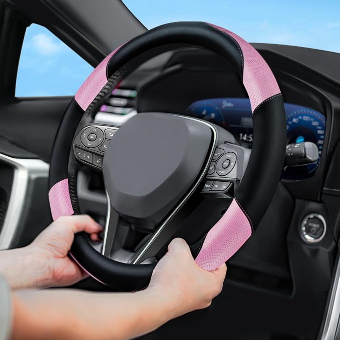 Soft Leather Steering Wheel Cover with Breathable Design and Anti-Slip Grip, Fully Compatible with Tesla, Toyota, Honda, Nissan 14.5-15.2 inch Round Steering Wheel（Sedans and SUVs）