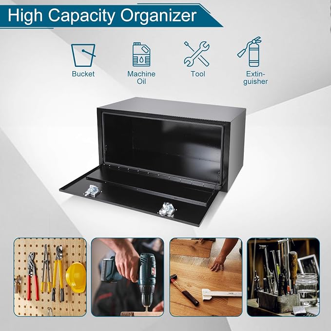 48"X23"X23" Underbody Truck Box Black Heavy Duty Steel Trailer Box Pick Up Truck Tool Box Storage Organizer w/Lock & eys