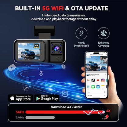 3 Channel 4K Dash Cam with 5GHz WiFi & APP Control, 4K+1080P+1440P Dash Cam Front and Rear Inside with 64GB Card, Dash Camera for Cars with Night Vision, Loop Recording, 24H Parking Mode, G-Sensor