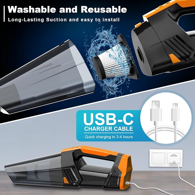 Blestan Car Vacuum Portable with LED Light, High Power Suction, Lightweight Rechargeable Hand Vacuum, Hand Held Vacuum Cleaner for Car Home Office, Pet Hair, Orange