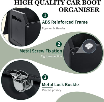 Car Trunk Organizer, Leather Car Trunk Storage Organizer with Lid and Sturdy Handle Car Organizer Storage Box Suv Trunk Organizer (Black, 40.5 x 11.4 x 12.2in)