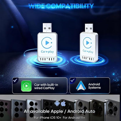 2026 Newly Upgraded Wireless CarPlay Adapter: Slim, Lightweight and Portable, Plug-and-Play. Easy to Operate with Stable Connection and no lag, Compatible with iPhone and Android Devices.