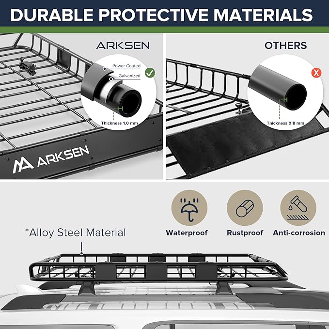 ARKSEN 54" x 39" x 5" Roof Rack Cargo Basket with Extension, Heavy Duty Steel Rooftop Carrier with Waterproof Bag, Net&Tie Down Straps, 150 lbs Capacity, Universal Fit for SUV, Truck, RV, Pickup