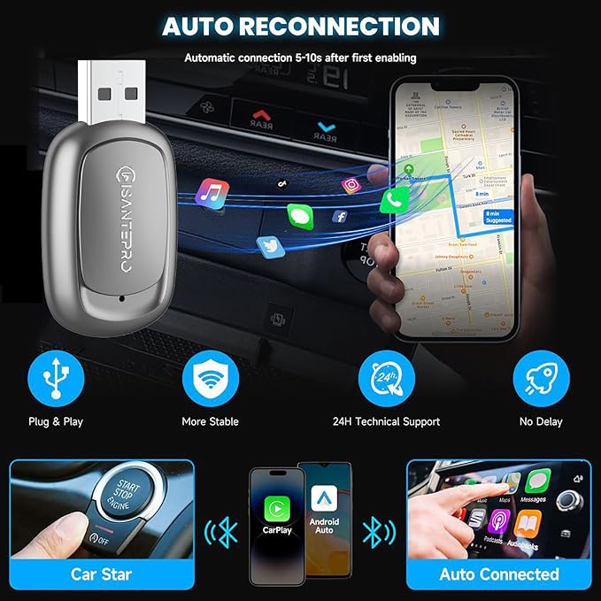2-in-1 Wireless CarPlay Adapter & Android Auto for Apple iPhone, 2026 Upgrade Mini Bluetooth Dongle Convert Wired to Wireless, Plug & Play, USB A & Type C for 2016+ Cars, iOS 10+,Android 11+