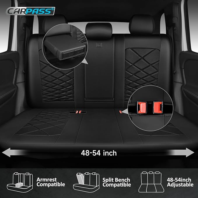 CAR PASS Luxury Nappa Leather Back Seat Covers, Piping Water Resistant Premium Perforated Leather Rear Bench Seat Covers, Breathable Backseat Cover Universal Fit for Most Sedan SUV Van Truck, Black
