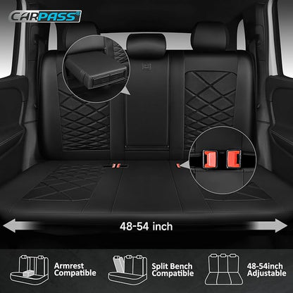 CAR PASS Luxury Nappa Leather Back Seat Covers, Piping Water Resistant Premium Perforated Leather Rear Bench Seat Covers, Breathable Backseat Cover Universal Fit for Most Sedan SUV Van Truck, Black