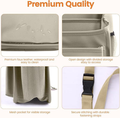 Viaviat Front Seat Organizer Car Upholstery Leather Passenger Seat Storage Bag Large Durable Car Organizer with Adjustable Strap Multiple Compartments Mesh Bags Cup Holders (beige)