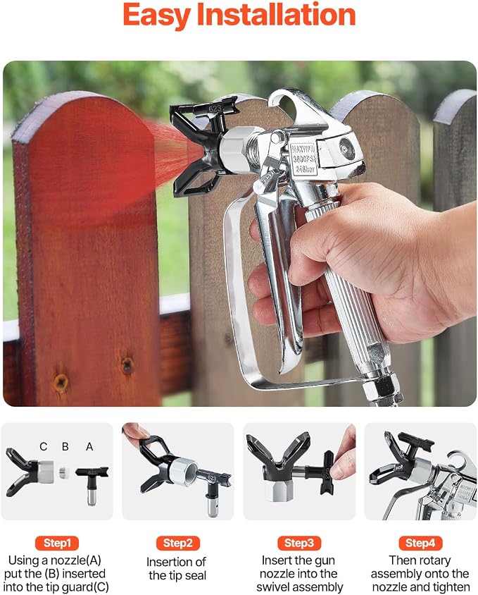 VEVOR Airless Paint Spray Gun, 3600PSI High Pressure Airless Paint Sprayer Gun with 517 Tip, Swivel Joint Airless Spray Gun Kit with Filters, Cleaning Needle and Brush, for Airless Spraying Machine