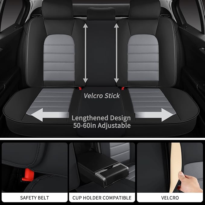 Car Seat Covers Full Set, Universal Leather Seat Covers for Cars, Breathable & Waterproof Automotive Seat Cover for Most Sedans, SUVs, Trucks, Full Coverage Seat Protector, Black Gray