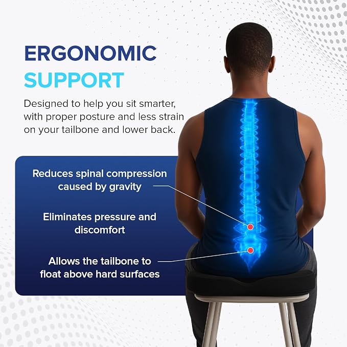 Seat Cushion for Chair, Memory Foam Seat Cushion for Tailbone Pain Relief- Ergonomic Support for Coccyx, Back & Butt- Office & Truck Ergonomic Chair Cushion, Black