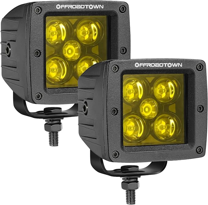 OFFROADTOWN Yellow LED Pods, 100W 2PCS 3 Inch CREE LED Cubes Light Spot Beam Off Road Driving Lights LED Pod Lights Square Led Cubes Yellow Fog Light Ditch Lighting for Trucks UTV ATV SUV Surron Boat