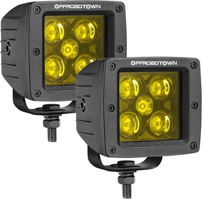 OFFROADTOWN Yellow LED Pods, 100W 2PCS 3 Inch CREE LED Cubes Light Spot Beam Off Road Driving Lights LED Pod Lights Square Led Cubes Yellow Fog Light Ditch Lighting for Trucks UTV ATV SUV Surron Boat
