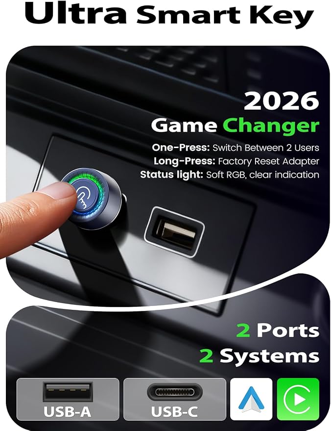 Wireless CarPlay & Android Auto Adapter, Fast Auto Connect, No Lag, Easy Device Switching for Shared Cars, Plug & Play, Compact 2-in-1 Design, 5GHz WiFi, Compatible with iPhone & Android