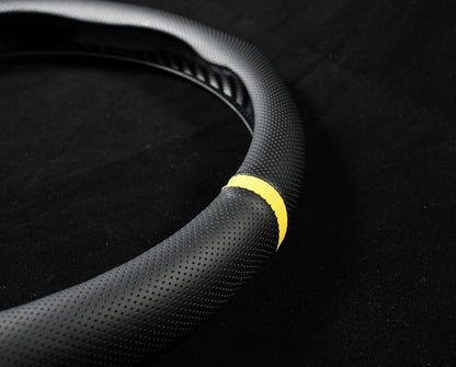 Quick Install Sporty Perforated Nappa Leather Steering Wheel Cover with Yellow Stripe Universal fit 14½" to 15" Car SUV Pickup 14.5 to 15 inches Napa