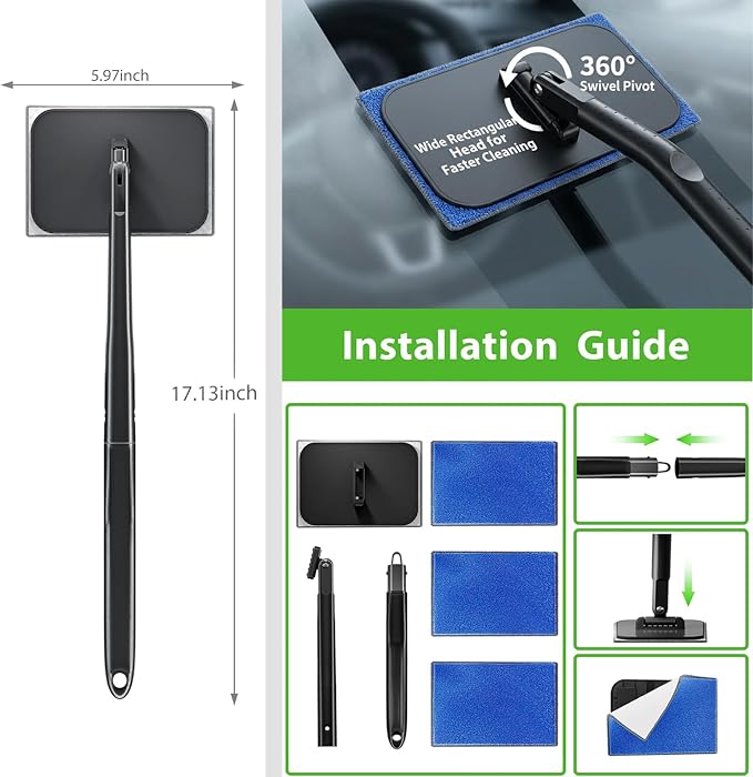 Car Windshield Cleaner Tool with Extendable Handle, Inside Auto Window Glass Cleaning Kit with 5 Washable Microfiber Pads, Streak-Free Defogger Wand for Deep Dashboards & SUVs