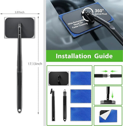 Car Windshield Cleaner Tool with Extendable Handle, Inside Auto Window Glass Cleaning Kit with 5 Washable Microfiber Pads, Streak-Free Defogger Wand for Deep Dashboards & SUVs