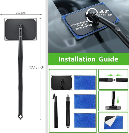 Car Windshield Cleaner Tool with Extendable Handle, Inside Auto Window Glass Cleaning Kit with 5 Washable Microfiber Pads, Streak-Free Defogger Wand for Deep Dashboards & SUVs