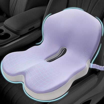 Memory Foam Seat Cushion for Sciatica & Back Pain Relief - Ergonomic Chair Pad with Adjustable Strap & Supportive Comfort Cover, Non-Slip for Car, Truck, Office Chair -Purple