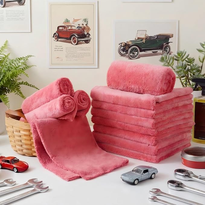 Shimeyao 30 Pcs 16 x 16 Inch Edgeless Microfiber Plush Towels for Cars Detailing Drying Wash Polishing Absorbent Cleaning Cloths, 500 GSM(Vivid Red)