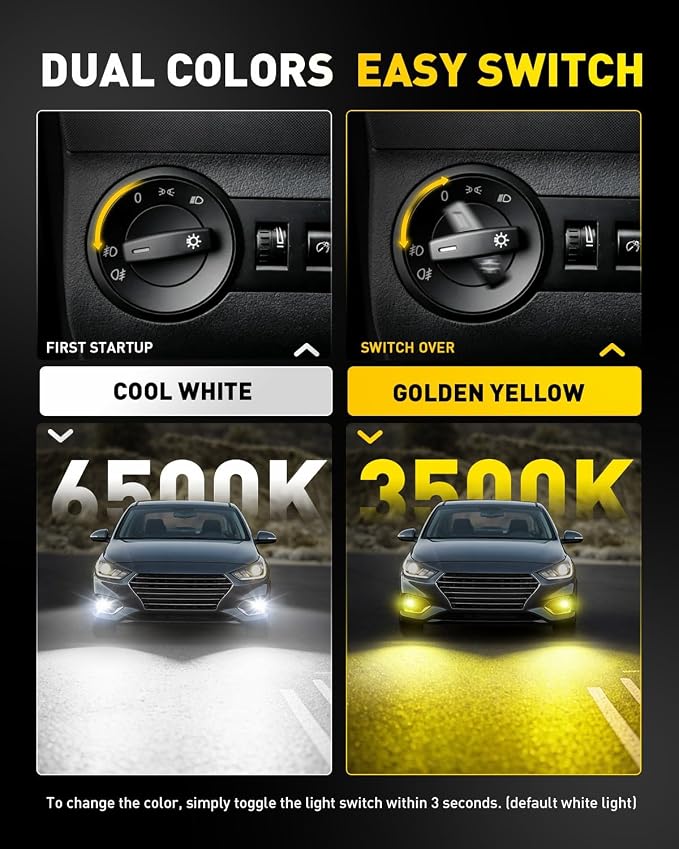 AUXITO 9006 HB4 LED Switchback Bulb, 6500K Cool White & 3000K Amber Yellow, 50000LM Brighter Ultra-Bright, Plug N Play, Long Lifespan, No Flicker, Fit For 99% Vehicles, 2PCS
