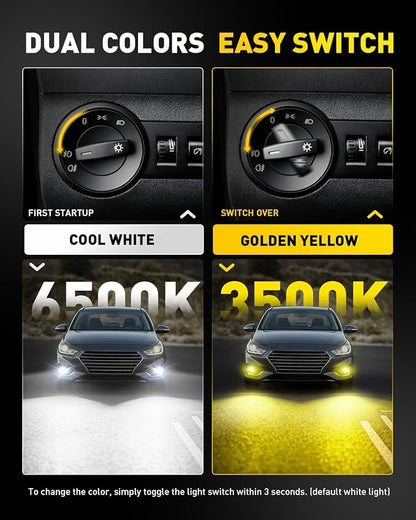AUXITO 9006 HB4 LED Switchback Bulb, 6500K Cool White & 3000K Amber Yellow, 50000LM Brighter Ultra-Bright, Plug N Play, Long Lifespan, No Flicker, Fit For 99% Vehicles, 2PCS