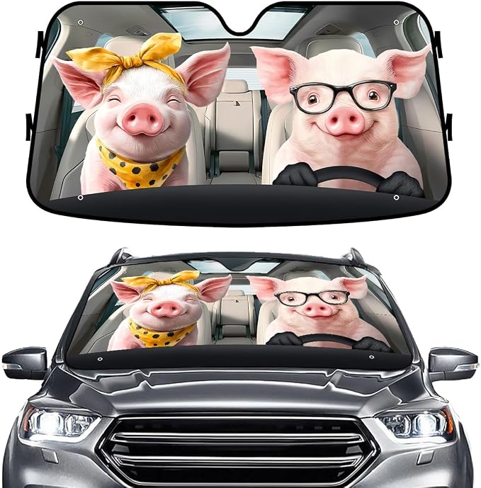 GENANY Pig Couple Cute Windshield Sun Shade for Car SUV Truck (55x30 Inches), Sun Shade Windshield, Shades for Front Windows, Protector Blocks UV, Car Decor