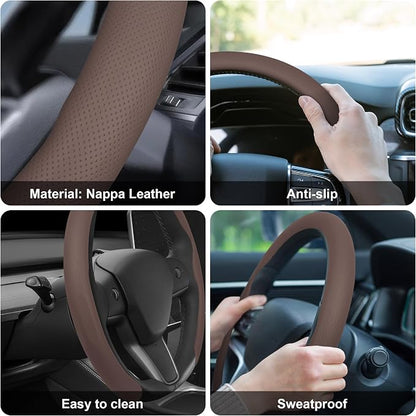 Frani Nappa Leather Steering Wheel Cover,Universal Fit 15 Inch-Premium Non-Slip Breathable Comfort Grip for Cars Trucks SUVs,Anti-Slip Durable Interior Upgrade Cocoa Brown