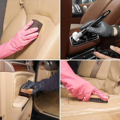Weysat 10 Pcs Leather Car Interior Detailing Brush Set, Microfiber Cloth Applicator, Absorbent Sponge Block, Natural Bristles Brushes Scratch-free Ultra-soft for Interiors Furniture Seats Leather Care