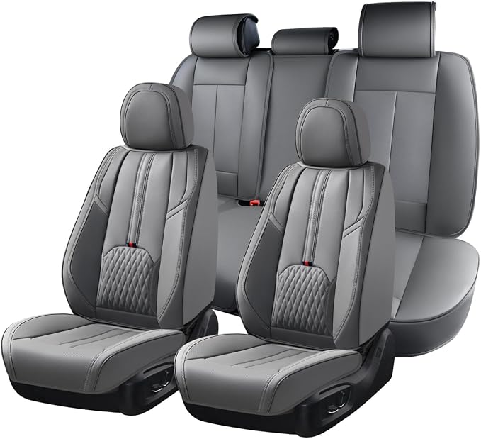 Coverado Car Seat Covers Full Set, Automotive Seat Cover with Lumbar Support, Nappa Leather Seat Cover for Cars, Waterproof Car Seat Protector, Car Seat Cushion Universal Fit for Most Vehicles (Gray)