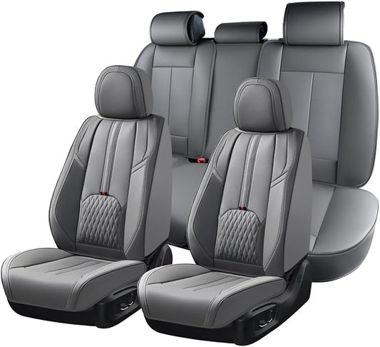 Coverado Car Seat Covers Full Set, Automotive Seat Cover with Lumbar Support, Nappa Leather Seat Cover for Cars, Waterproof Car Seat Protector, Car Seat Cushion Universal Fit for Most Vehicles (Gray)