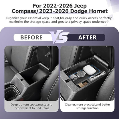 LUWU Center Console Organizer Compatible with Jeep Compass 2021-2025/Dodge Hornet 2023-2026 Accessories Armrest Console Storage Box Insert Tray ABS Material Coin Container Blue