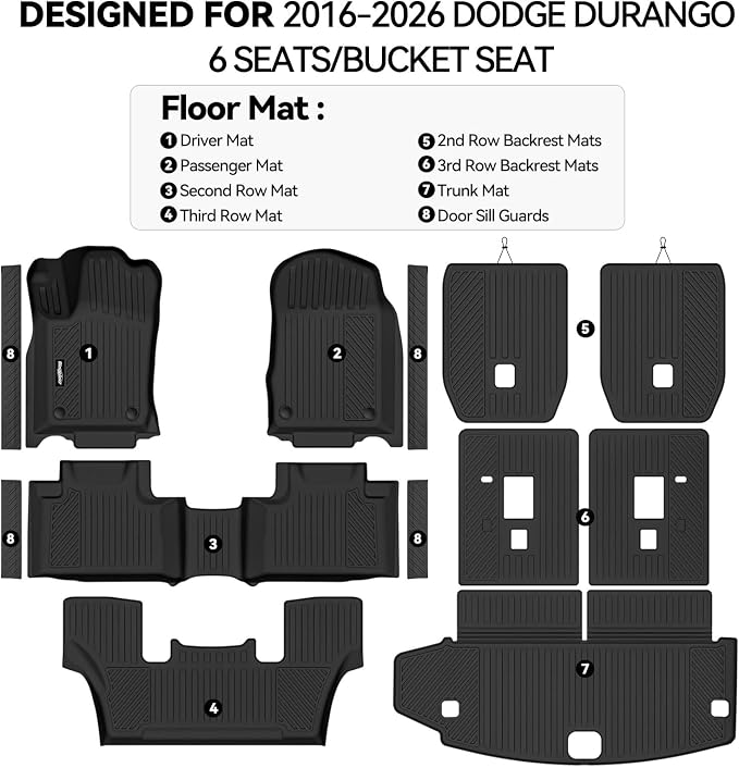Floor Mats for Dodge Durango 6 Seats/Captain Seat 2016-2025 2026, Trunk Mat and Backrest Mats & Door Sill Guard All Weather TPE Protector for Dodge Durango Accessories