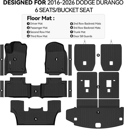 Floor Mats for Dodge Durango 6 Seats/Captain Seat 2016-2025 2026, Trunk Mat and Backrest Mats & Door Sill Guard All Weather TPE Protector for Dodge Durango Accessories