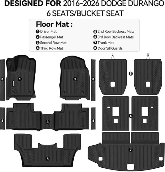 Floor Mats for Dodge Durango 6 Seats/Captain Seat 2016-2025 2026, Trunk Mat and Backrest Mats & Door Sill Guard All Weather TPE Protector for Dodge Durango Accessories