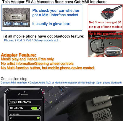 Bluetooth Adapter Compatible with Mercedes Benz Car Apple Android Phone Music MMI Interface Wireless Cable Capable Devices