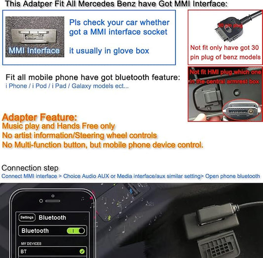 Bluetooth Adapter Compatible with Mercedes Benz Car Apple Android Phone Music MMI Interface Wireless Cable Capable Devices