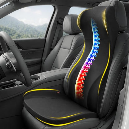 2 Piece Car Seat Cushion Set: 3-in-1 Memory Foam Driver Seat Cushion, Integrated Lumbar Support with Headrest Pillow for Pain Relief, Back Support with Neck Pillow for Car, Truck, SUV - Black