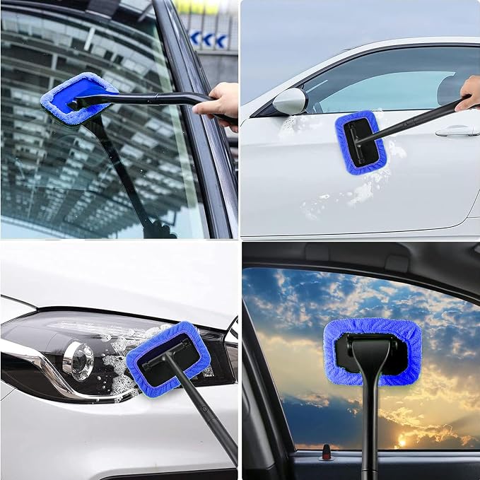 desin Car Windshield Cleaner Tool with Extendable Handle, Inside Auto Window Glass Cleaning Kit with 5 Washable Microfiber Pads, Streak-Free Defogger Wand for Deep Dashboards & SUVs