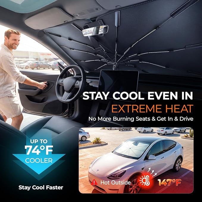 [2026 Upgraded] DooGooCoo Windshield Sun Shade Umbrella for Tesla Model Y, Model 3 [100% Sunlight Blocked, Cooling Ice Crystal] Sunshade for Car Windshield for Model Y & Model 3 Sunshade 2017-2026.